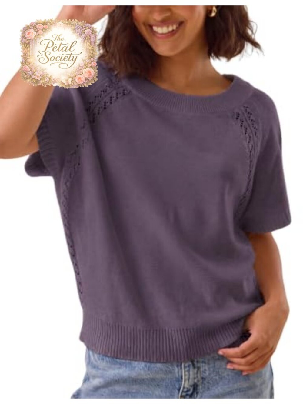 Womens Crochet Knit Top Short Sleeve Crew Neck Pullover Sweater Casual